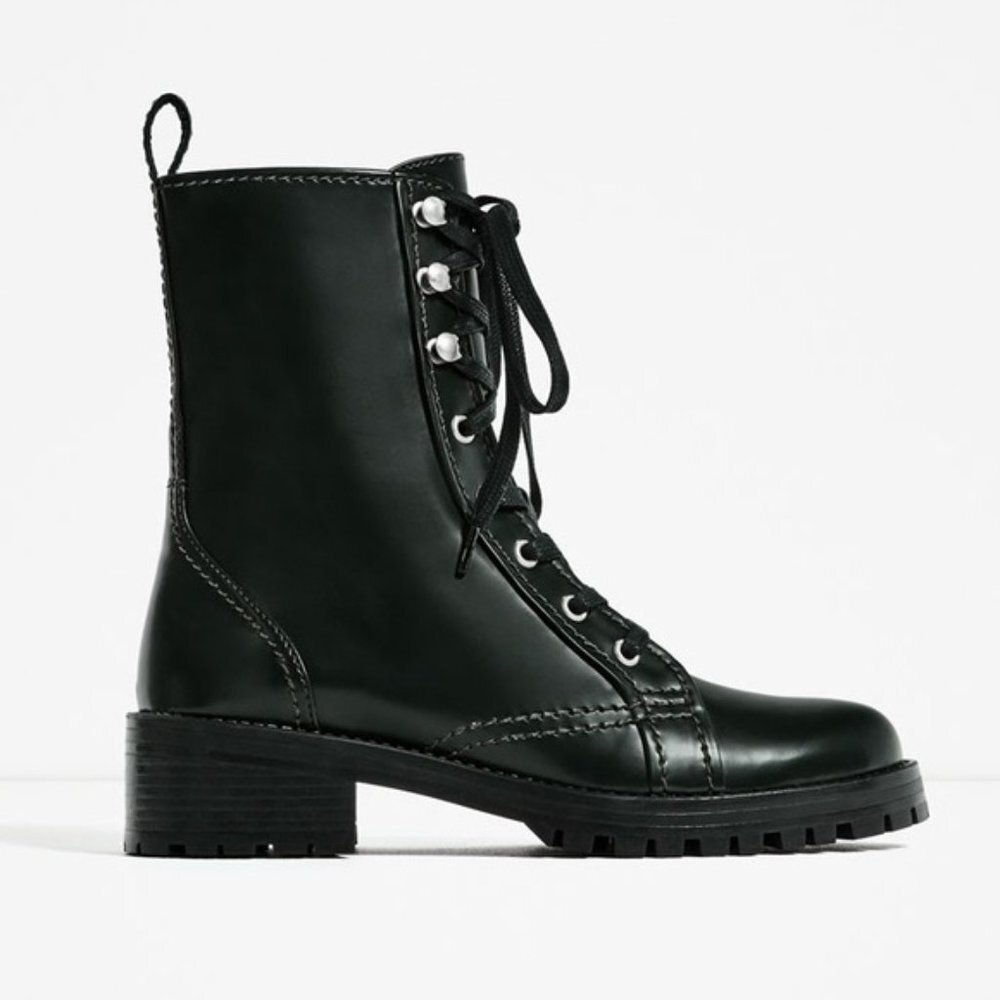 ZARA DARK GREEN FLAT MILITARY BOOTS BRAND BRAND NEW WITH TAGS EUR 37 / US 6.5
